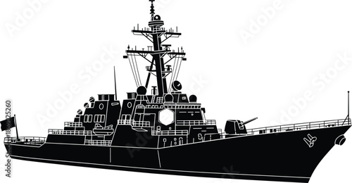 Modern naval warship silhouette isolated on white background, military destroyer vessel with radar systems, maritime defense, ocean patrol, combat technology illustration