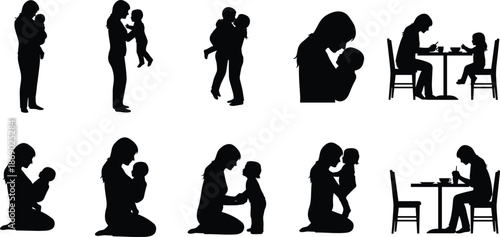 Mother and child silhouettes, caregiving poses, nurturing interaction, black figures, emotional bonding, daily routine illustration, parenting concept art