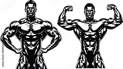 Muscular male bodybuilder illustration showing flexing poses, strength and fitness concept, powerful anatomy, black and white vector