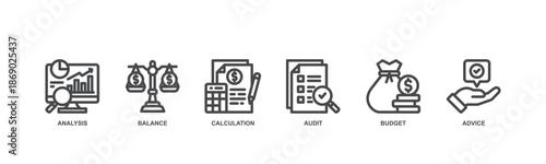 Accounting concept icon illustration contain analysis, balance, calculation, audit, budget and advice.