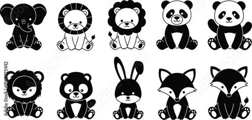 Cute baby animal icons set featuring panda lion fox rabbit elephant cartoon mascot vector illustration for kids nursery design stock