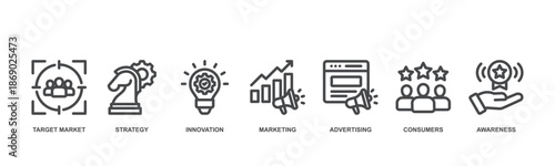 Brand concept icon illustration contain target market, strategy, innovation, marketing, advertising, consumers and awareness.
