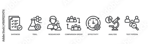 Clinical study concept icon illustration contain safeness, trial, researcher, comparison group, effectivity, analysis and test person.