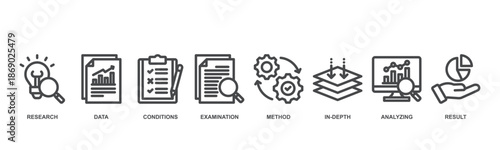 Case study concept icon illustration contain research, data, conditions, examination, method, in-depth, analyzing and result.