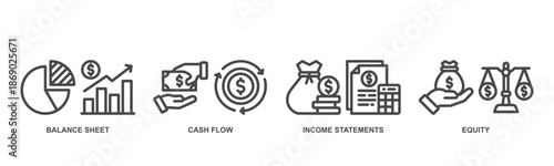 Financial statements concept icon illustration contain balance sheet, cash flow, income statements and equity