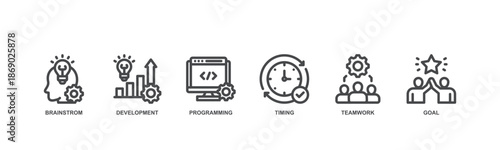 Hackathon concept icon illustration contain brainstorm, development, programming, timing, teamwork and goal. 