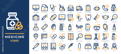 Medical icons set collection including healthcare tools, medicines, hospitals, doctors and more. Perfect for medical apps, pharmacy services, healthcare websites, hospital infographics and more.