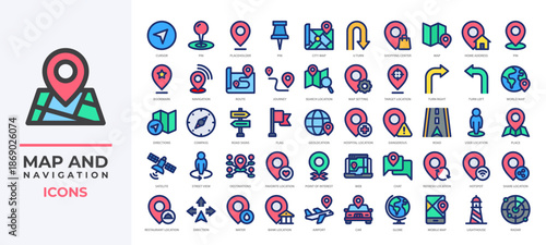 Map and Navigation icons set collection including routes, GPS pins, landmarks, travel symbols and more. Ideal for apps, transport maps, delivery tracking, navigation interfaces and more.