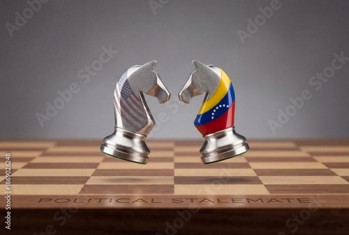 USA and venezuela chess knights facing off over political stalemate engraved board