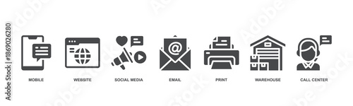 Omni-Channel concept icon illustration with icon of mobile, website, social media, email, print, warehouse and call center.