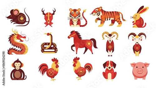 Chinese Zodiac 12 Animals Collection Minimal Flat Design