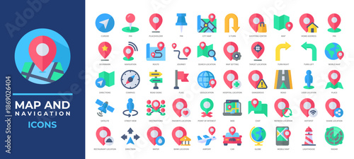 Map and Navigation icons set collection including routes, GPS pins, landmarks, travel symbols and more. Ideal for apps, transport maps, delivery tracking, and navigation interfaces.