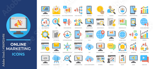 Online Marketing icons set collection featuring SEO, social media, content, analytics, promotion tools and more. Ideal for digital ads, websites, marketing campaigns, and brand strategy projects.