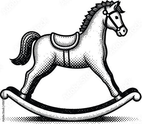 Black and white retro vector illustration of a vintage wooden rocking horse with halftone texture