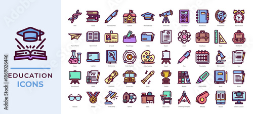 Education icons set collection. Ideal for academic platforms, e-learning apps, classroom materials, and educational content.