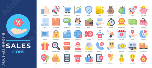 Sales icons set collection featuring shopping, discounts, money, promotion elements and more. Perfect for e-commerce apps, marketing designs, and online store dashboards.