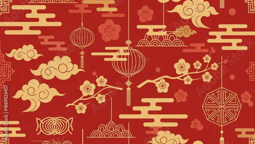 Asian Festival Red Background with Traditional Chinese Ornament Vector