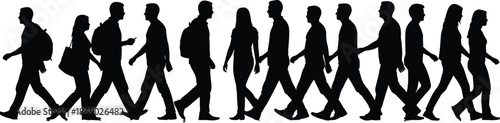 Silhouette of diverse people walking in opposite directions, daily commute concept with backpacks, posture variation, and social movement theme