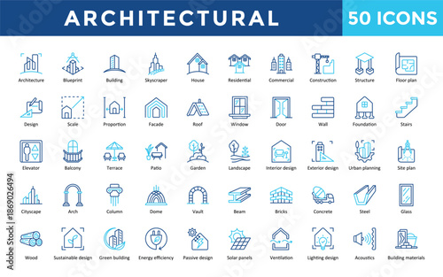 Architectural icons set with architecture, lighting design, building materials, building, house, interior design, and exterior design icon. Simple outline color vector 

