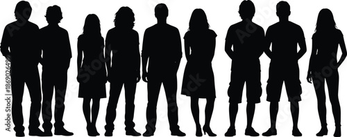 Silhouette of diverse individuals standing side by side, fashion and posture variety for human form, style, and social themes