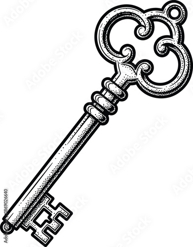 Vintage Skeleton Key Engraving Style Vector Illustration Black and White Ornamental Bow for Security and Access Concepts