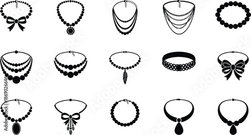 Necklace silhouette collection set, elegant jewelry accessories with beads bows pendants, fashion ornament designs, cad drawing flat vector illustration style