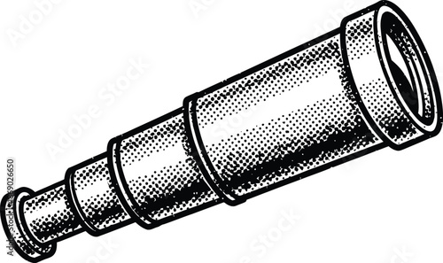 Retro Telescope Spyglass Engraving Sketch Black and White Halftone Vector