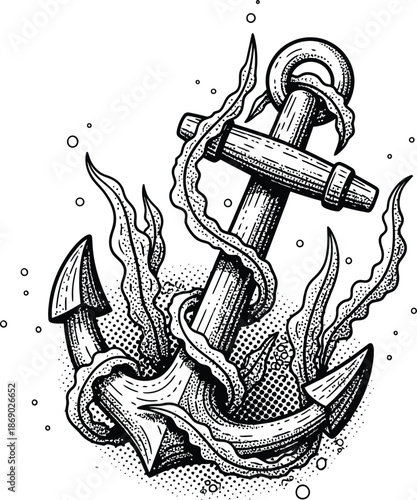 Old School Nautical Anchor with Kelp Vector Illustration Black and White Engraving Style