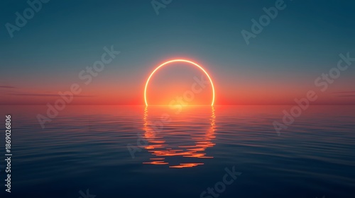 Surreal neon circle glowing over calm ocean at sunset, futuristic horizon scene with reflection, symmetry, and dreamy atmospheric light