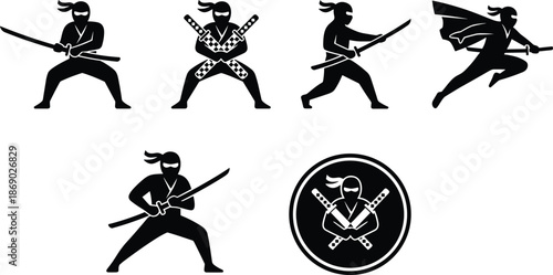 Ninja Warrior Silhouette Icons Set Featuring Japanese Martial Arts Fighters, Katana Sword Combat Poses and Stealth Action Symbols Isolated on White Background