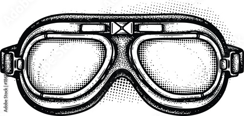 Vintage Aviator Goggles Black and White Engraving Style Vector with Halftone Dots