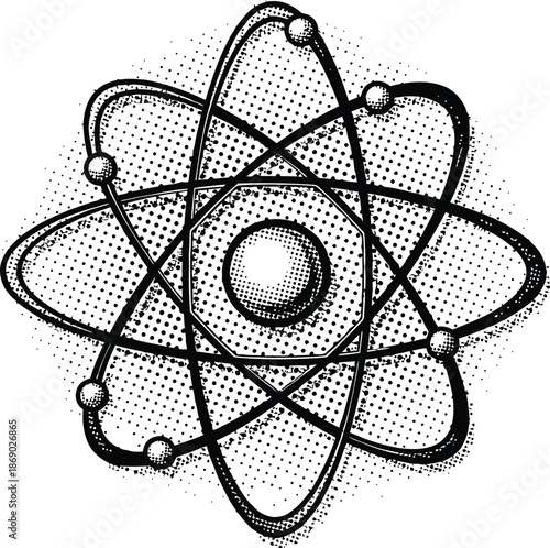 Atom Structure Engraving Style Vector Illustration Black and White Science Symbol with Halftone Dots