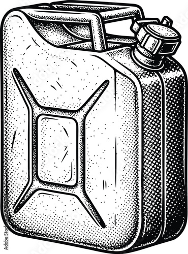 Vintage Jerrycan Gas Can Vector Illustration Black and White Engraving Style with Halftone Dot Shading