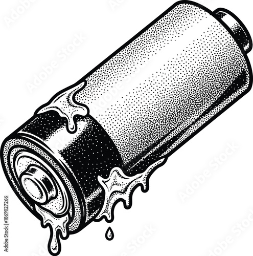 Leaking corroded battery illustration in vintage dotwork engraving style