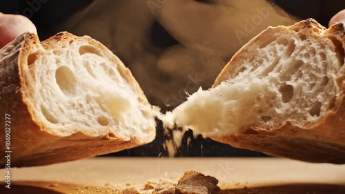 Fresh Bread Split in Half Showing Soft Texture, Homemade Bakery Food Concept