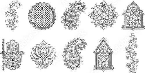 Ornamental Floral Vector Set with Mandala Paisley Henna Motifs, Ethnic Line Art Elements, Boho Decorative Designs Isolated on White Background