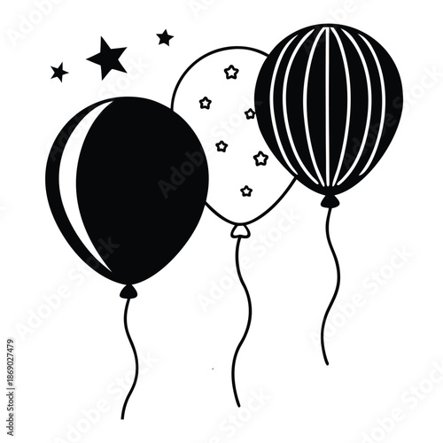 Black and white line art of two floating balloons with strings,Simple line art illustration of three balloons, one black and two white,
