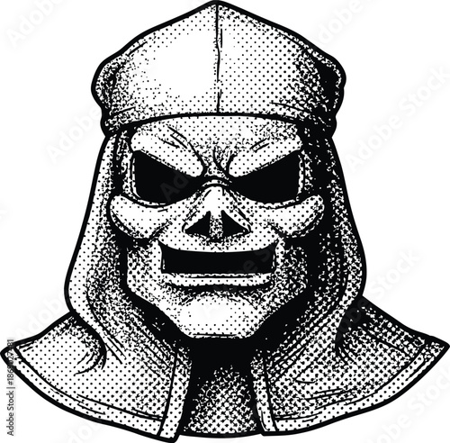 Vintage Comic Style Hooded Mask Vector Illustration Halftone Dot Shading Scary Face
