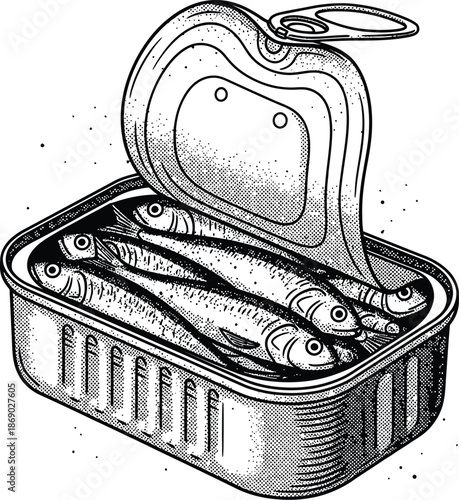 Vintage black and white illustration of an open tin can filled with sardines in a detailed halftone shading style