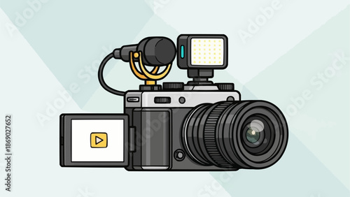 Professional Video Camera with Microphone and Light Attachment.