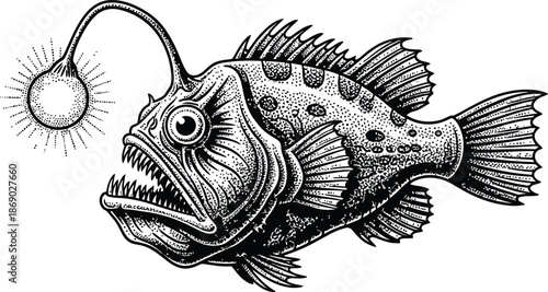 Anglerfish vector tattoo drawing detailed vintage illustration black and white