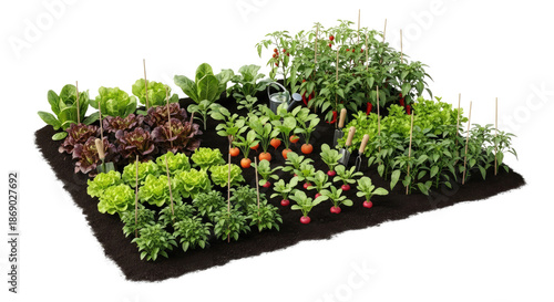 A vibrant vegetable garden with a variety of green and red plants, including lettuce, tomatoes, and peppers, surrounded by black soil and wooden stakes.