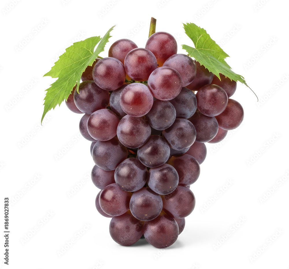 Fototapeta premium A cluster of dark purple grapes with green leaves on a png transparent