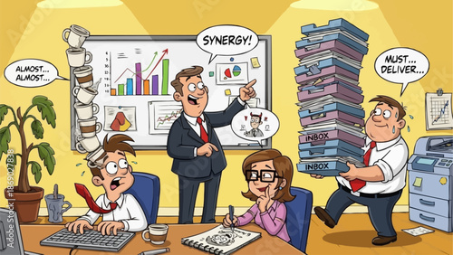 Cartoon Depiction of Overworked Office Employees and Demanding Boss.