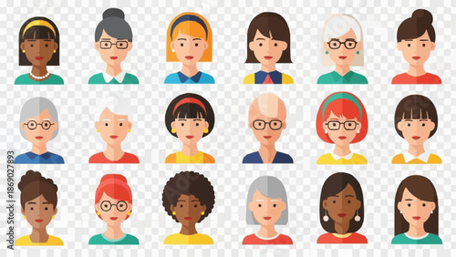 Diverse Collection of Womens Avatar Portraits with Varied Hairstyles and Features.