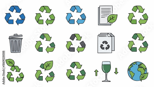 Collection of Recycling Symbols and Environmental Icons for Sustainable Living.