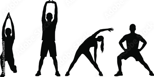 Stretching exercise silhouettes collection, warm up fitness poses flexibility balance training, healthy active lifestyle movements, black figures isolated on white