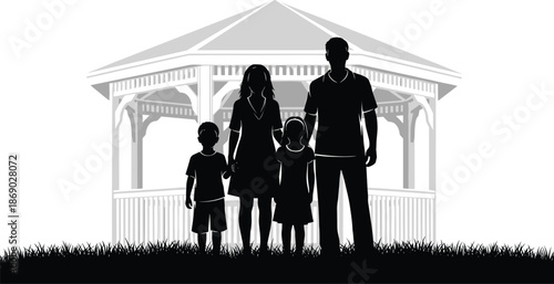Silhouette of family of four standing in front of gazebo, symbolizing unity, leisure, and outdoor bonding in peaceful setting.