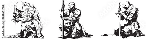 Knightly Contemplation: An evocative illustration captures the solitude and introspection of a knight, kneeling with a sword, embodying valor and reflection.