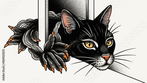 Black cat peeking out from a doorway with sharp claws extended.